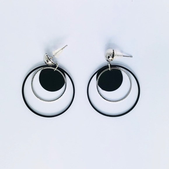 New! Black & Silver Hoop Dangle Earrings - Picture 2 of 3